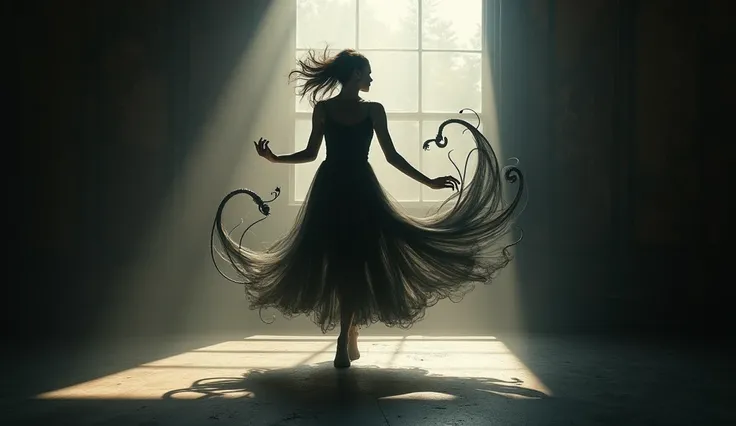 "The Inner Shadow Dance "
 A woman in motion ,  as if she were dancing in the middle of a dark room ,  with shadows flowing from her body ,  spinning and intertwining like serpents .  Each movement she makes increases the intensity of the shadows ,  that t...