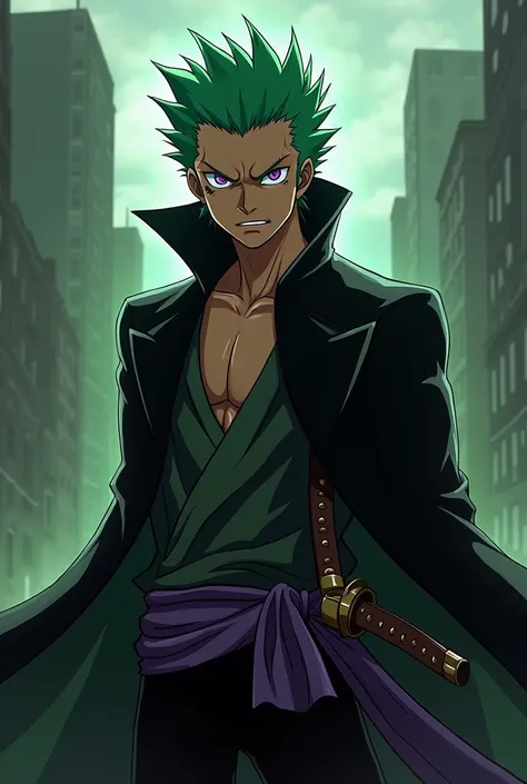 18 year old young man 
Green short hair  (style zorro ) 
 Black skin color
Purple eyes 
Animated type: one piece 
Black mark on the right cheek 
With a sword in his belt 
He is quite muscular 
He is in a city
He is angry 
Il est entourer d une aura noir