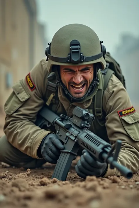 Israeli men, modern Israeli combat uniform, modern Israeli combat helmet,M16 Weapon,Pose sitting half supine on the ground,Back arm pose holding on the ground,Front view, zoom camera,Typical Palestinian war zone wall background,White dust foggy atmosphere ...