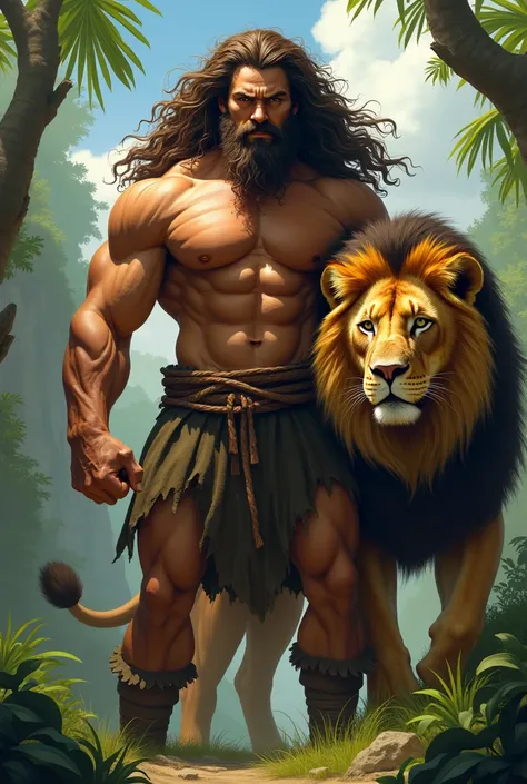 Create a strong man with big hair with a Leo.