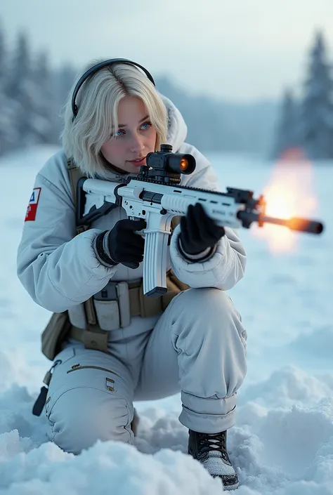 Masterpiece, a 20 yo Finish female Spec Ops operative kneeling in a white winter camouflage uniform firing with a white painted HK416 with a 4X scope and wearing a coms headset and and a chapka . Shis is firing at nearby Ruissian invaders during the 2026 R...