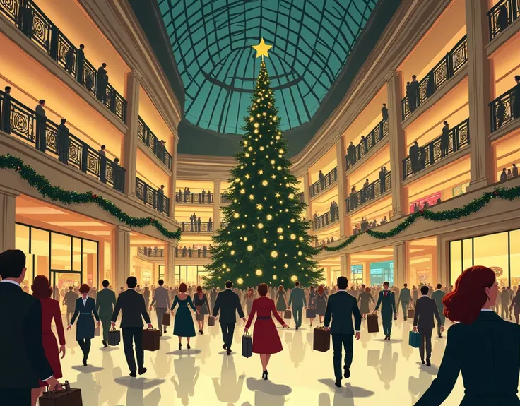 1940s illustrations。Christmas shopping mall。busy。