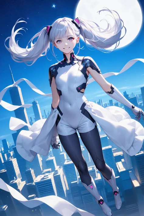  highest image quality taken by Ki、 masterpiece、  super high definition 、（Shooting Resolution ：1.4）、  super high definition シネマ、  angle seen from above 、  Cyberpunk Night City 、  girl、  Silver Hair Twin Tails、SILVER SHORTS 、whole body、smile、Character 1 per...