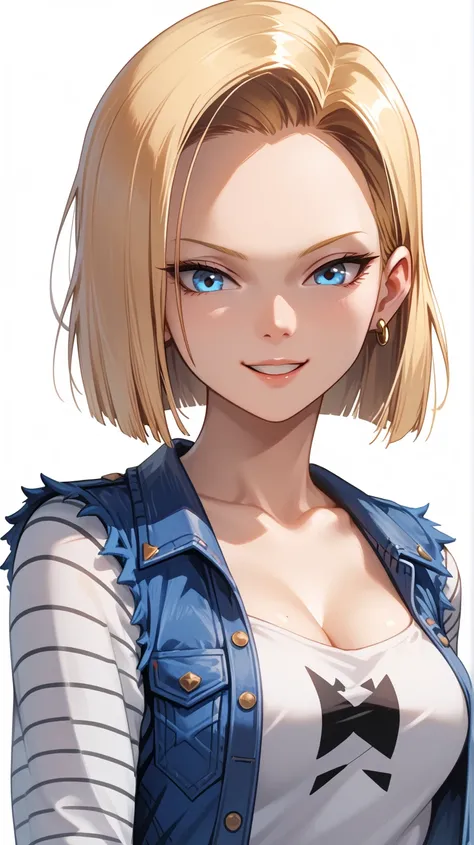 masterpiece, newest, absurdres, 1woman, android-18, upper body display, short hair, C-cup size breasts, short blonde hair, middle parted bangs, large forehead, blue colored eyes, happy expression face, standing pose, white background, high res, ultrasharp,...