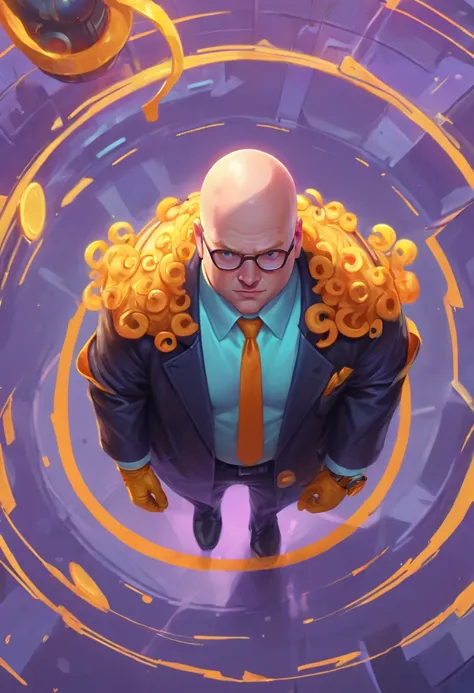 orange00d, (art by Jason Rhoades:1.2), aerial shot of a rotund Male Investigator, Bald  hair styled as Curly, Sunny, caustics, league of legends splash art, trending on artstation, 