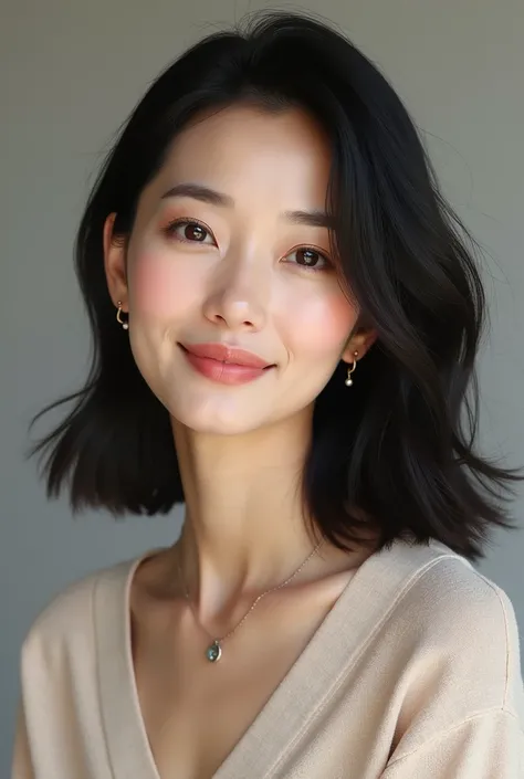 Make me a realistic picture of an Asian woman in her mid 40s in casual wear