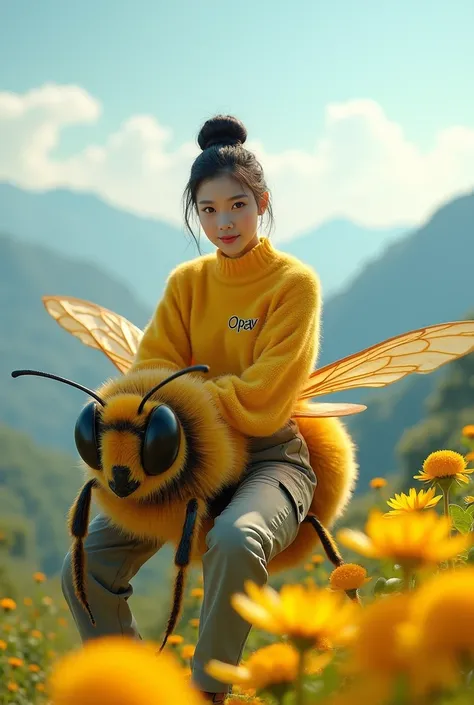 A young Korean girl aged 20 years, beautiful, well-groomed face, face looking at the camera, hair tied in a Korean style bun, wearing a yellow fluffy knit shirt with Opay written on it, cargo pants, riding a giant bee above a garden of yellow buddleja flow...