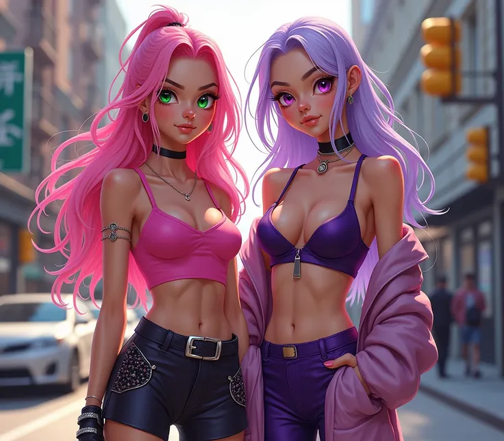 Girl with long pink hair and green eyes with another girl with light purple hair and purple eyes in sexy street clothes