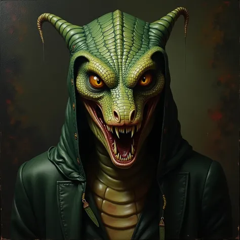 A chilling and otherworldly portrait of a serpent person from the Cthulhu Mythos, captured in a formal, passport-style composition as an oil painting inspired by Arnold Böcklins style. The creature has a humanoid frame but with reptilian features: scales g...