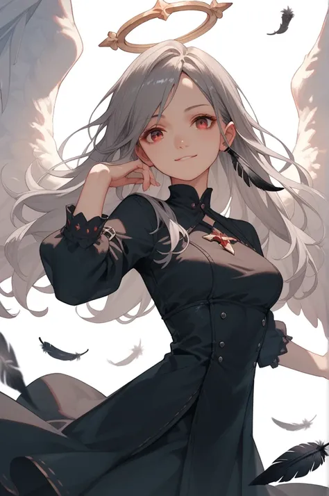  One girl ,  long hair,  gray hair, red eyes,Angel, smiles,  simple background,  medium breasts, top rated on pixiv,Black Feather,Black clothes