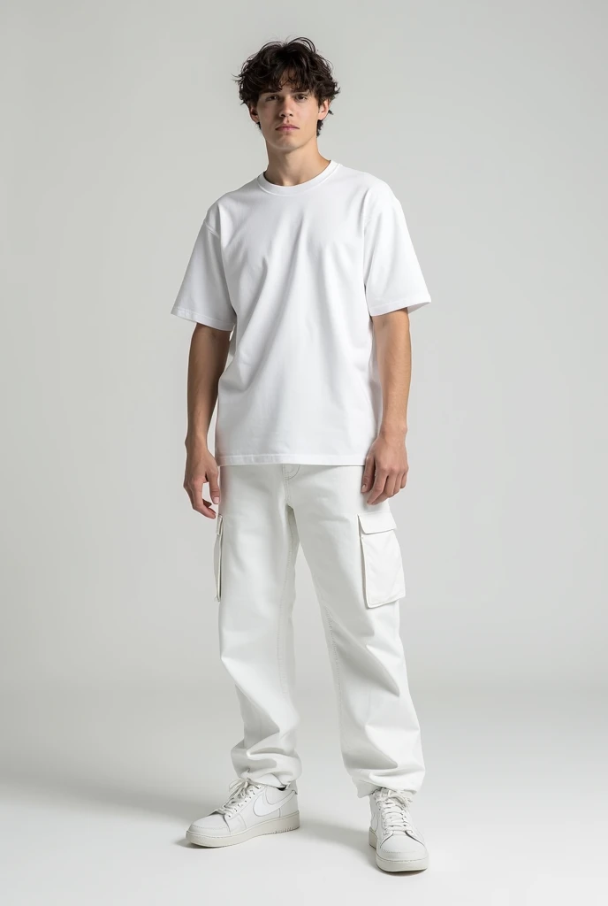 A polish young man with a textured hair, wearing a white balenciaga t-shirt, some white baggy jeans and some white nike sneakers.