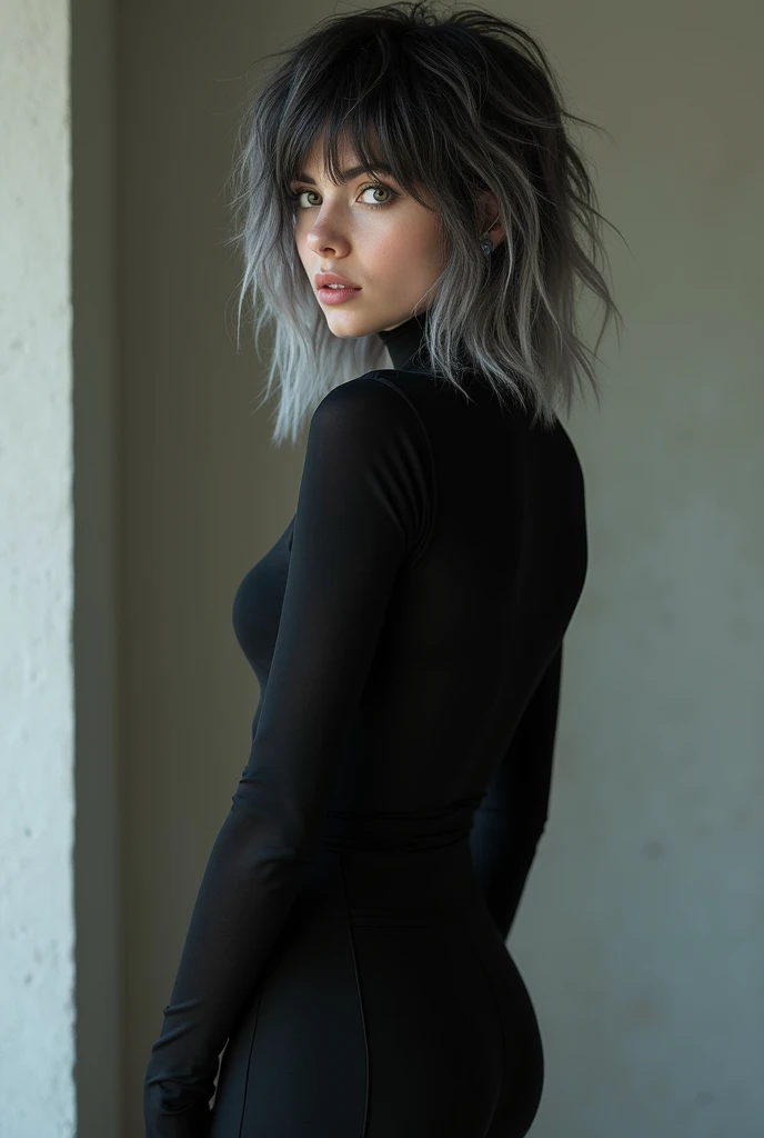 feminine 18 years old with long wolf cut hair dress in black. Italian genes and is white. 