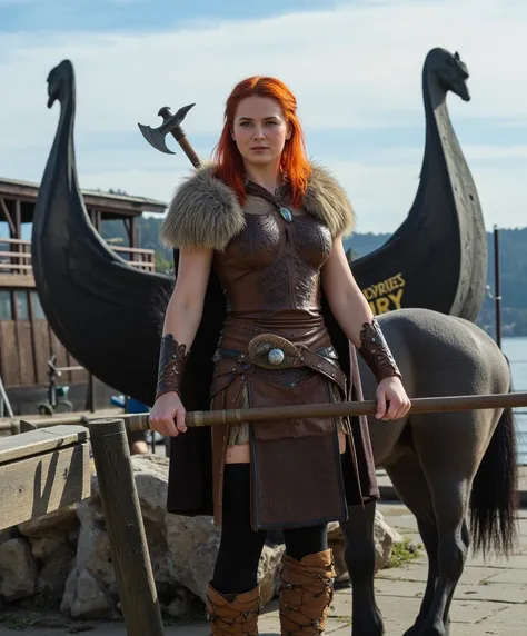 "Create an image of a 6-foot tall Viking warrior woman in her 20s with a muscular build, fiery red hair, icy blue eyes, and fair sun-kissed skin. She has a fierce and commanding expression, with a wolf tattoo on her upper back and battle scars on her arm. ...