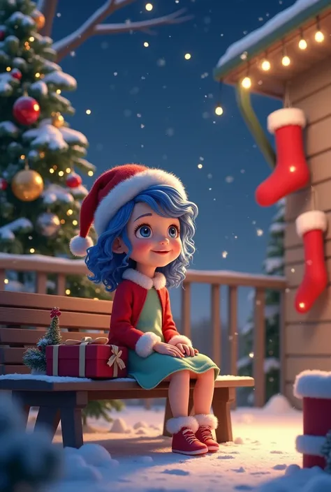 Childrens book characters, winter，night, Christmas tree,  Christmas， A happy seven-year-old girl wearing a Christmas hat, with wavy blue hair ,  wears a red and light green dress，She sat on the bench，Christmas gift box on her lap ，Light Particles, Light,st...