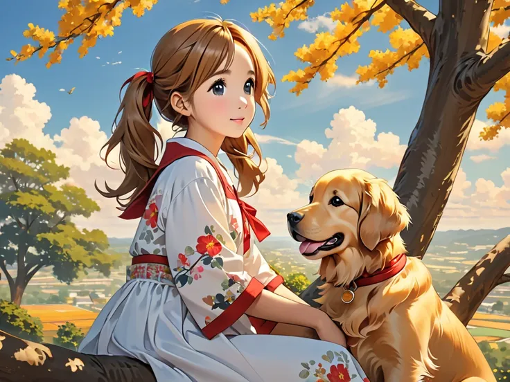 Golden Retriever 1,  Brown Haired Pigtails Young Girl 1 , sitting in a tree, High definition, afternoon, the sky, Young girl.