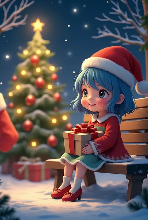 Childrens book characters, winter，night, Christmas tree,  Christmas， A happy seven-year-old girl wearing a Christmas hat, with wavy blue hair ,  wears a red and light green dress，She sat on the bench，Christmas gift box on her lap ，Light Particles, Light,st...