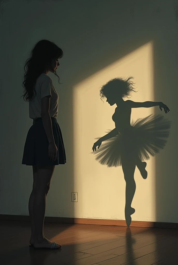  A woman sees shadow on the wall ,  shadow is a ballerina who tells about dreams and hopes for the future, Let it be real , sad but hopeful 