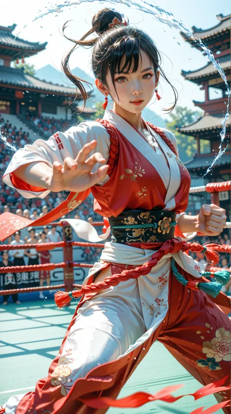 A girl， in a Chinese-style martial arts arena ， and step out of the Tai Chi Aperture with your own spirit ，Get out of a practicing pose ， Use the power of Taneda to take a step ， and step out of a straight 10-meter tai chi aperture with Tanadas own strengt...