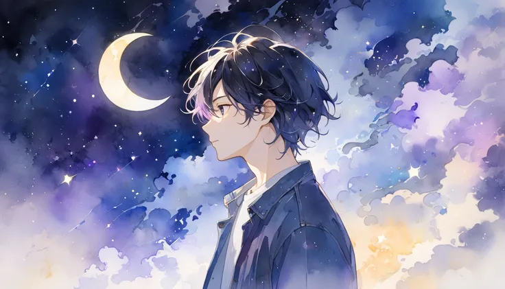 an anime-style watercolor painting of a man in his 20s gazing up at the starry night sky, side profile, slightly wavy short black hair gently illuminated by soft starlight, wearing a casual shirt and jacket, {vivid constellations and a glowing crescent moo...