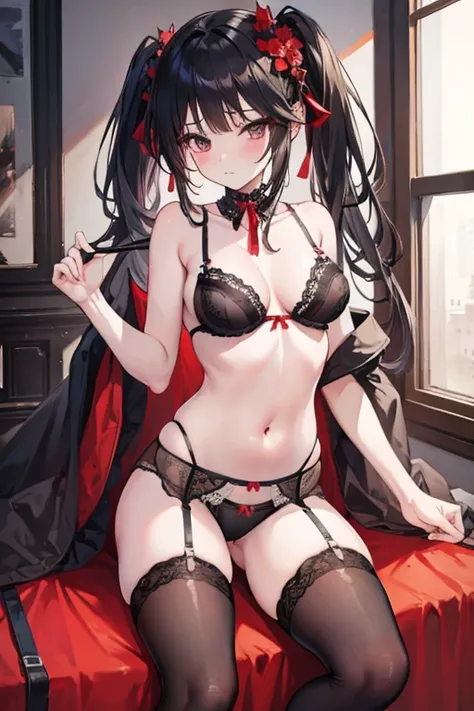 hair ornament, thighhighs, bow, navel, cleavage, underwear, panties, black thighhighs, bra, black panties, underwear only, lingerie, black bra, garter belt,