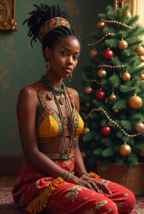 Une femme  avec tenue afritude assise à côté du sapin de noel 