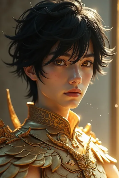 Man 20 years old, ethereal factions,  jet black hair ,  golden eyes , Its human .  He has gold-colored dragon armor 