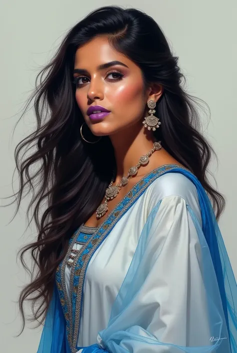 Indian women wearing white blue suit salwar , wearing earrings, she has purple color lips, she has applied kajal, long hair, , beautiful face , hulf nude 