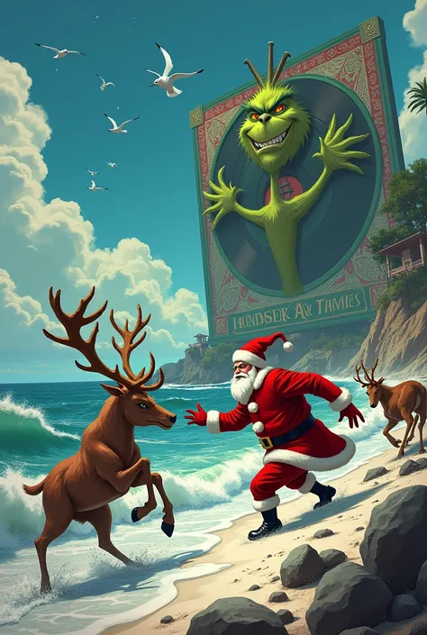 Santa Cruz with two reindeer fighting the Grinch at Christmas theres a giant album behind it