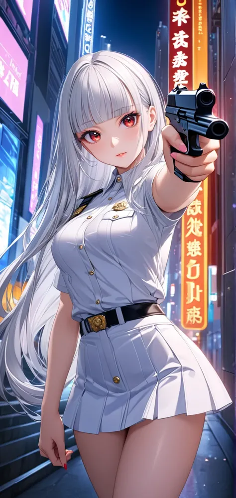 Ultra high resolution, rich colors, perfect image, best quality, detailed image, beautiful single woman, glowing skin, skin and clothing texture, delicate eyes, night city, miniskirt police, gun pose, (((silver hair blunt bangs long hair))), red eyes