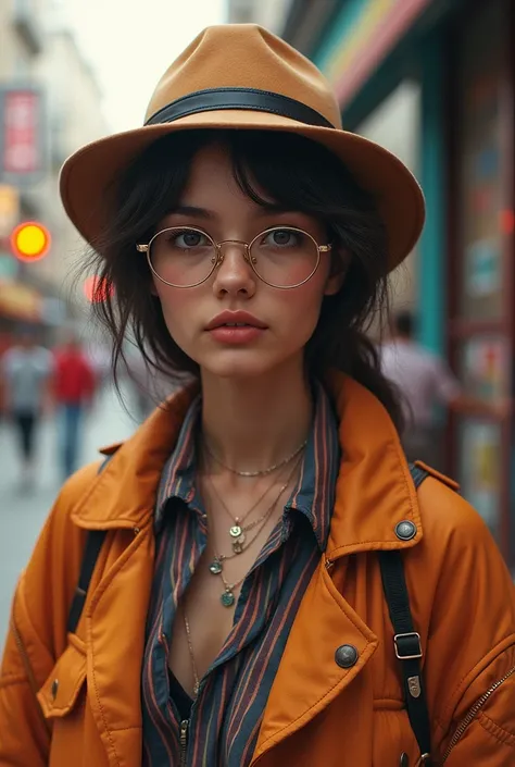  A teenager wears an ash-colored jazz lacken hat, dressed 80 , Wearing Glasses  