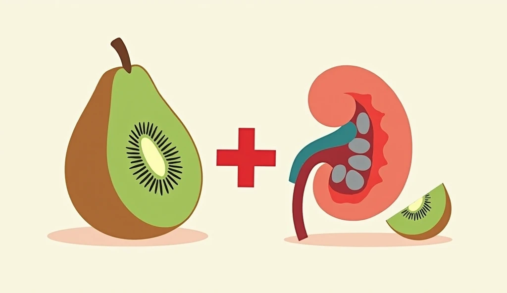 Create a medical illustration showing a kiwi fruit with a slice cut out, next to a human ney with visible ney stones. Use a red arrow to indicate the potential connection between kiwi consumption and reduced ney stone risk. Employ a clear, informative styl...