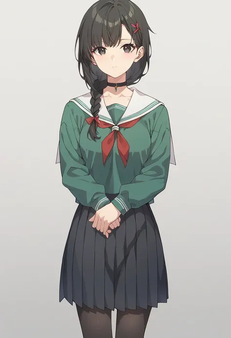 score_9_up,score_8_up,score_7_up,YAMS_YK,1girl,solo,long hair,single braid,black eyes,black hair,braid,black skirt,sailor collar,black pantyhose,looking at viewer,pleated skirt,black choker,standing,v arms,closed mouth,green shirt,white_background,simple_b...