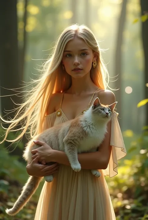 "A  beautiful girl with long blonde hair and a slender build is depicted in a forest area, in a fairytale atmosphere. , wearing a simple dress with light gold details. Next to her stands a furry creature with bright orange eyes that resembles a big, cute c...