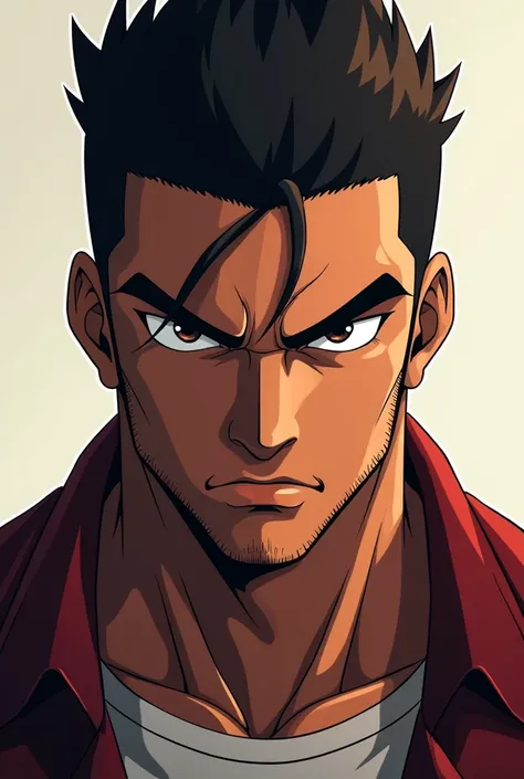 brown man, anime, Bravo, masculine, strong,  thick eyebrows , striking eyes.