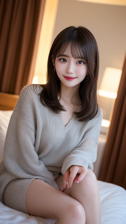  table top in bed,  top quality , shape,  very detailed, finely,  high res, 8k wallpaper, 完璧なダイナミックな構shape,  beautifully detailed ,ランダムなcute髪,, natural color lips,  Bold and Sexy Poses,smile、 20 year old girl looking like a villager、cute、 camera ,Always bl...