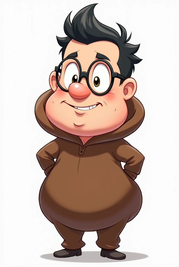  Make me an anime guy on a white background not tall.  He only has 1 tooth . Hes also wearing glasses .  Hes wearing a poop suit  