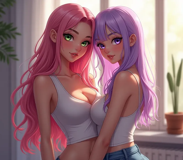  girl with long pink hair and green eyes casual clothes and big breast cleavage ,together with another girl with light purple hair and purple eyes full body 