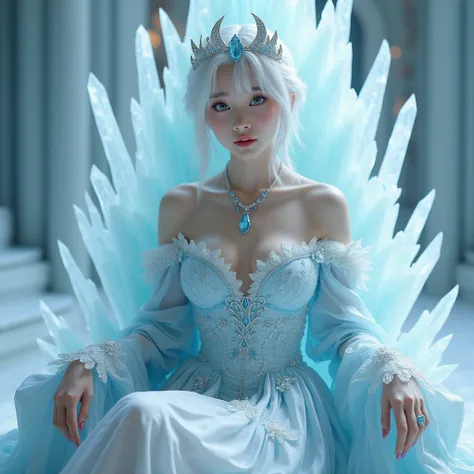 She is gorgeous and beautiful face, attractive face, she is a drogon queen just lool like human,sexy and hot body, large breast, 8k, hd, focus on the character, sitting on a ice crystal throne, she have blue eyes, super attractive clothes, short hair, skin...