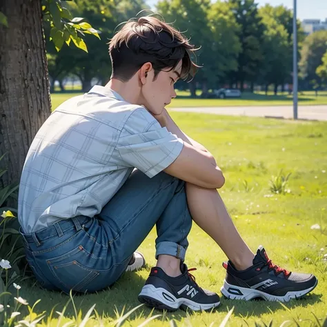 From behind view, young man sitting on grass in sad position. Plaid shirt and jean, training shoes.