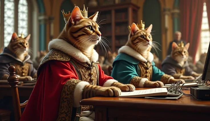 (masterpiece, high quality, high resolution, detailed, 8k), businessman caricature of feline aristocrats, several feline aristocrats (males) dressed in medieval splendor, working at their desks and computers in a large office in a luxurious room in a medie...