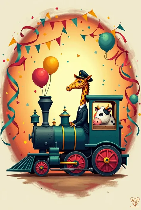 A circle image for a boy as a birthday theme where is a locomotive with a giraffe conductor in it and a wagon with a cow inside