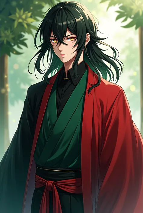  A tall man of about 25 years old,  with long black hair , golden eyes , jade green and red eyeliner, wearing a black-red-jade kimono .
calm. Anime style