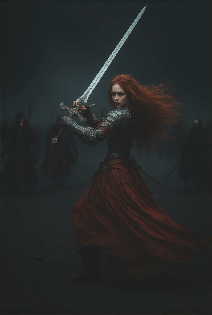 Girl in red armor fighting vampires,Cabello rojo, Cabello entre ojos, long sword,Preciso, Detalle, 