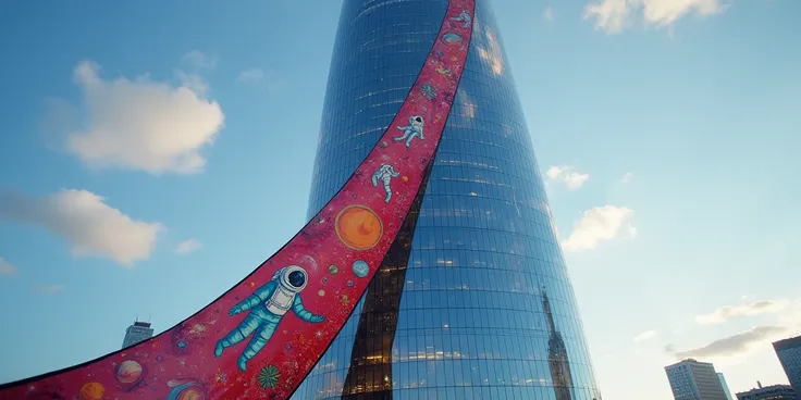 A huge bright silk scarf painted like astronauts and space is tied to a huge high-rise glass building in the shape of a champagne bottle in Paris 