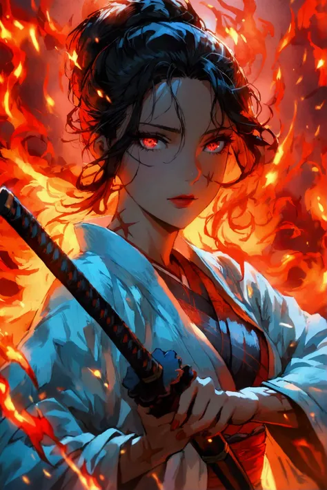 (anime style),A beautiful and powerful female samurai,flowing crimson hair that looks like burning flames. She has sharp, mesmerizing eyes that glow with a deep crimson light. She wears a single white haori that barely conceals her toned and sensual body. ...