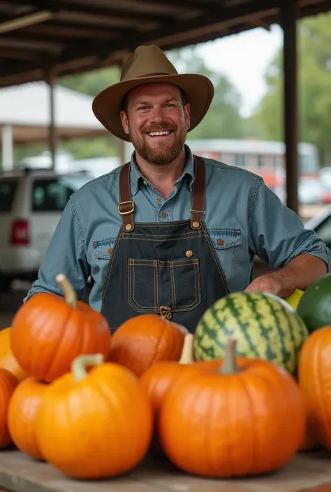 Scene:  The picture shows a farmer ,  on the market with a number of bright fruits and vegetables .  He has watermelons on his table ,  melons ,  pumpkins and squash .

a farmer:  He looks happy and proud ,  with the inscription above the head : "Я продал ...