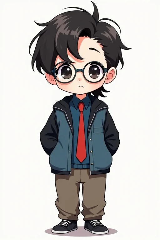 Anime,cartoon,Chibi painting,teenager boy 1, Medium mullet Hairstyle ,Wearing a blood red tie,Wear round glasses, Denim Coat ,Black sleeve ends, Blouse Mud Blue Shirt, Brown Gray Loose Pants , Black Sneakers, Smile dryly, white skin