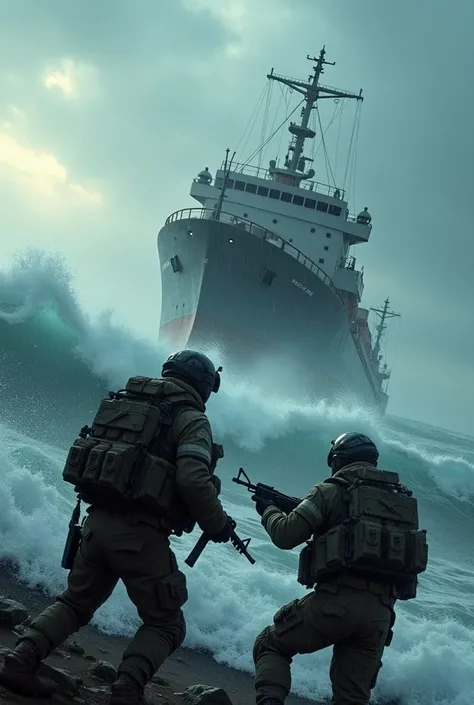 Scene 2 - Bering Strait Operation :
 A cargo ship in the midst of a storm ,  with giant waves and SAS soldiers infiltrating to recover nuclear material.