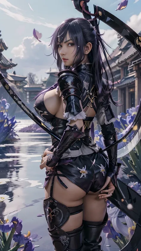  A young Japanese woman , warrior, Combat Stance, ((wielding a huge_weapon 
scythe:1.6)),  very detailedな, realisti,(seductive smile),((from behind, cowboy shot, looking back:1.3)),  Brilliant Appearance , Creative Action,  extremely detailed, Imaginative,...