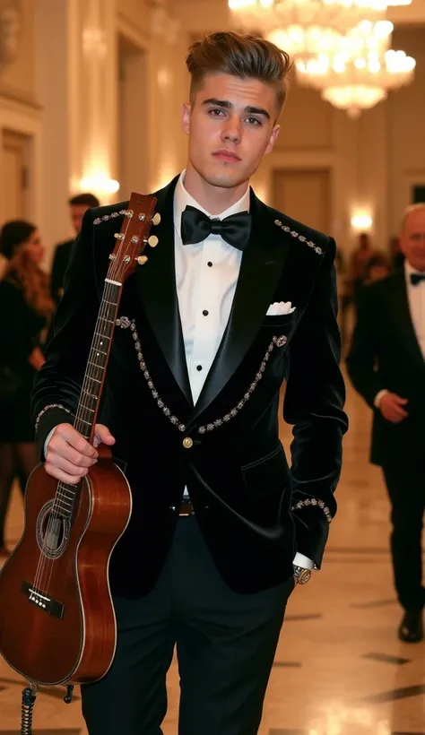 " Justin Bieber arrives at the Crystal Palace in a modern black tuxedo with shiny details .  He holds a vintage guitar in one hand and displays a confident expression , but slightly nervous . around,  guests observe him curiously as he walks through the ha...